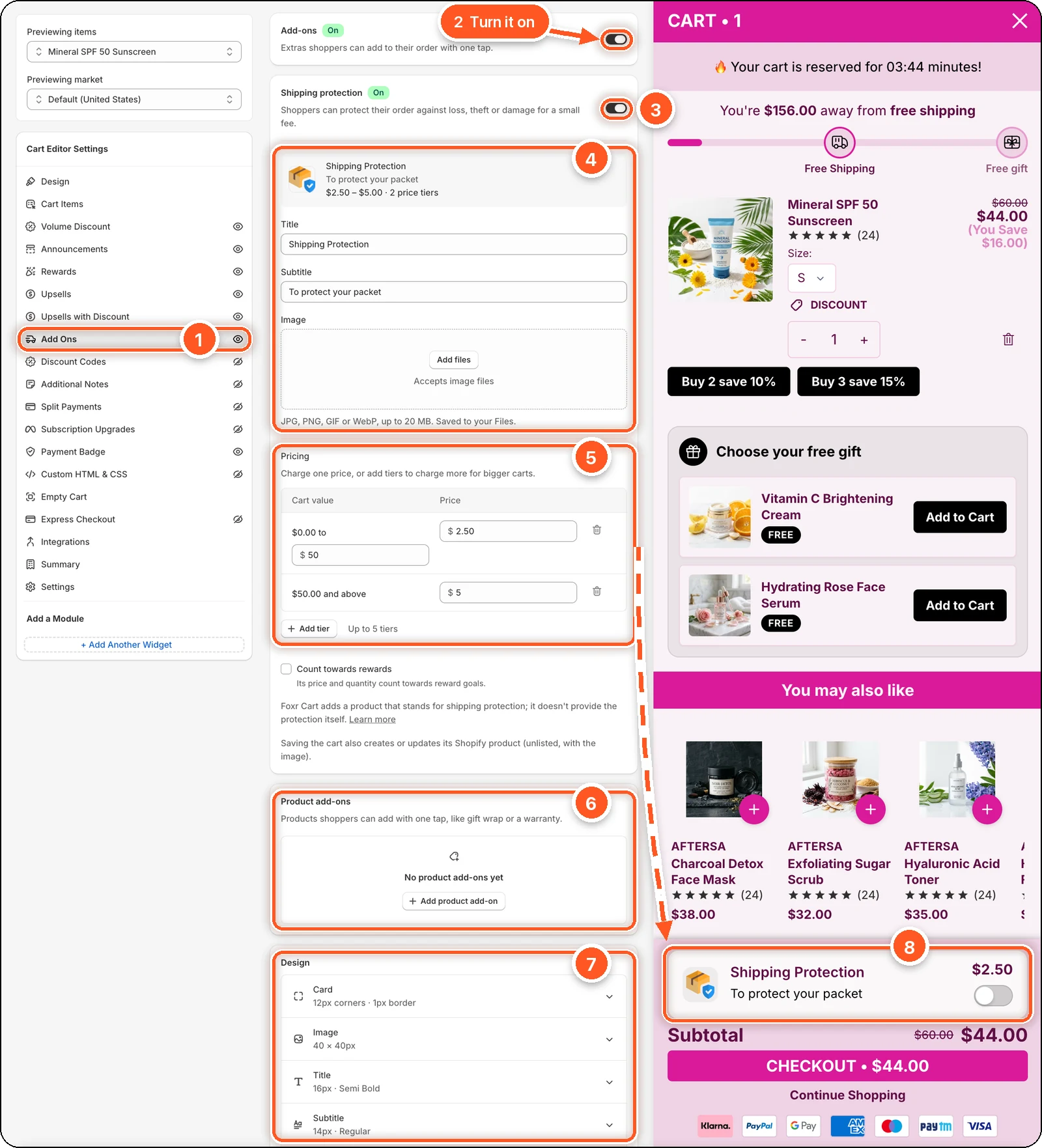 The Add Ons tab with Add-ons and Shipping protection switched on and two price tiers. The cart preview shows the Shipping Protection row, with its price and switch, above the subtotal.