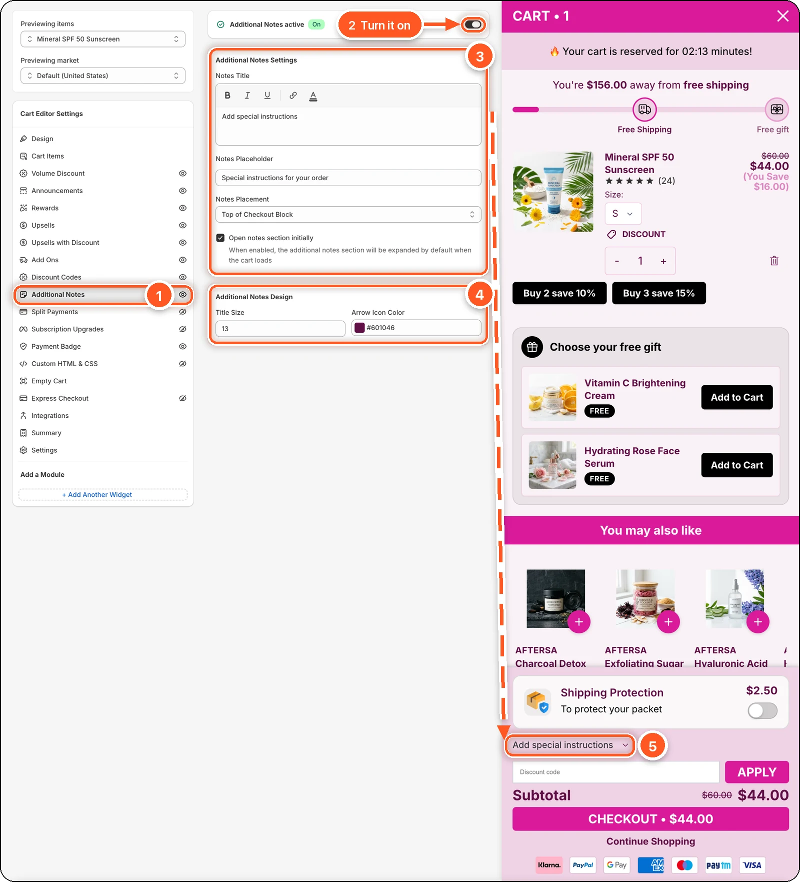 The Additional Notes tab switched on with Open notes section initially ticked. The cart preview shows the Add special instructions row just above the discount code field.