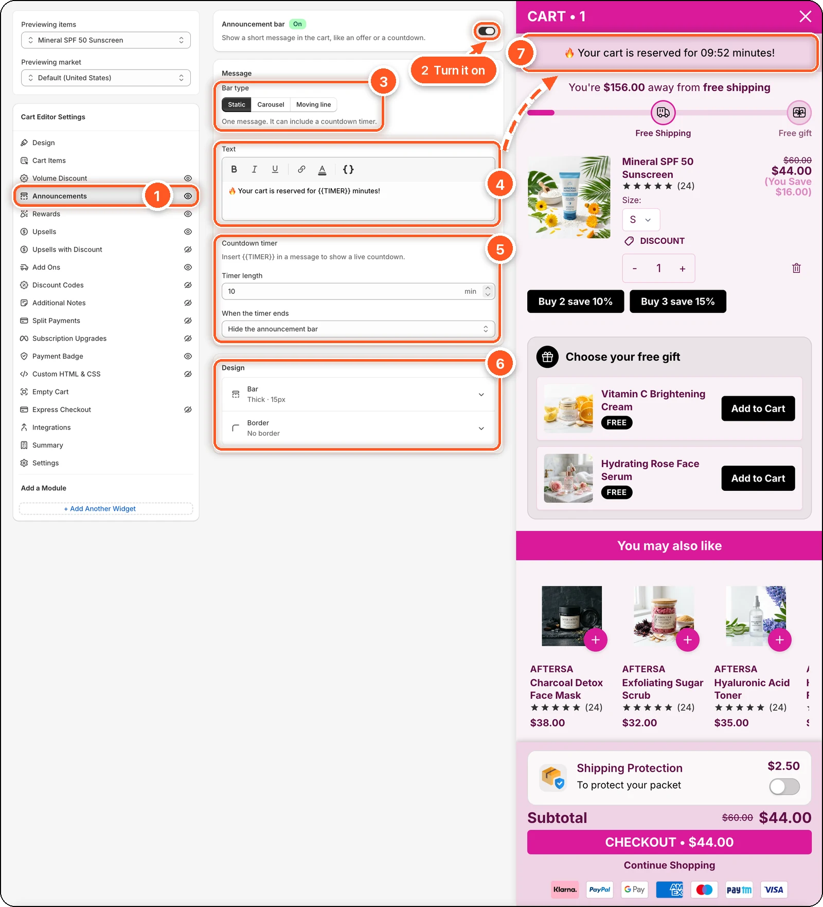 The Announcements tab switched on with a Static bar and a 10-minute countdown, and the announcement bar at the top of the cart preview