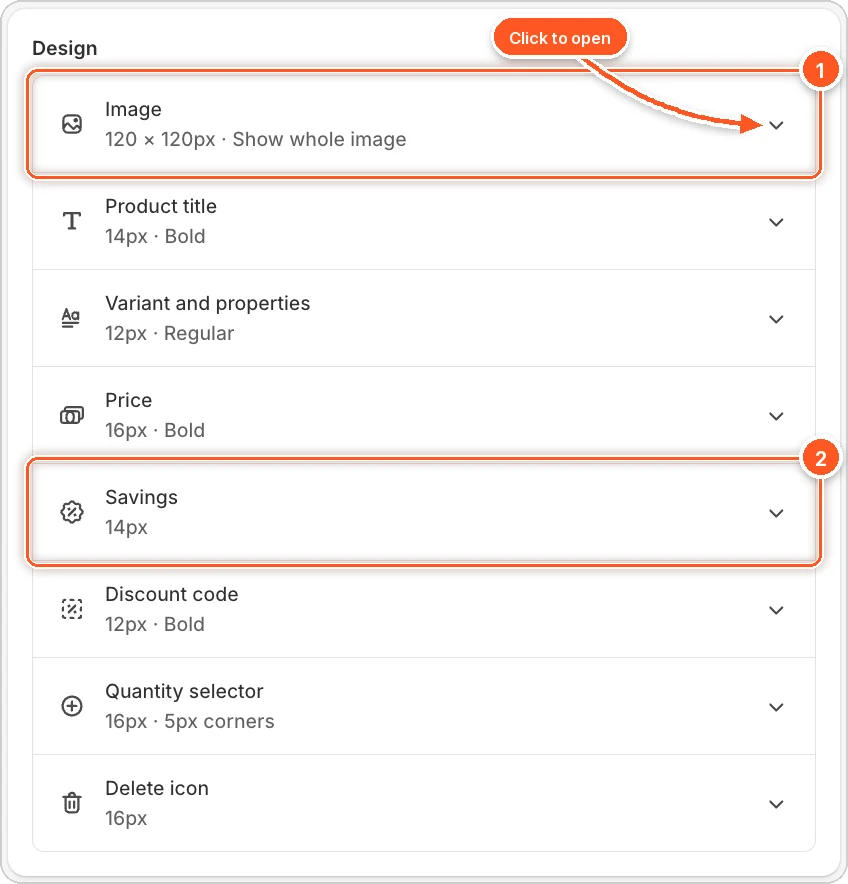 The Design card with the Image row and the Savings row numbered