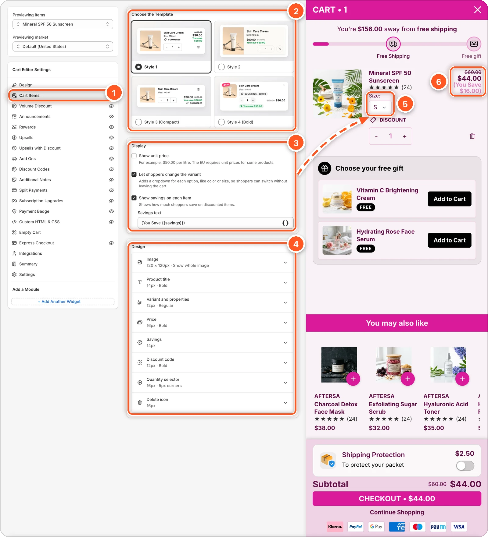 The Cart Items tab with each section numbered, and an arrow from the Display settings to the Size dropdown in the cart preview
