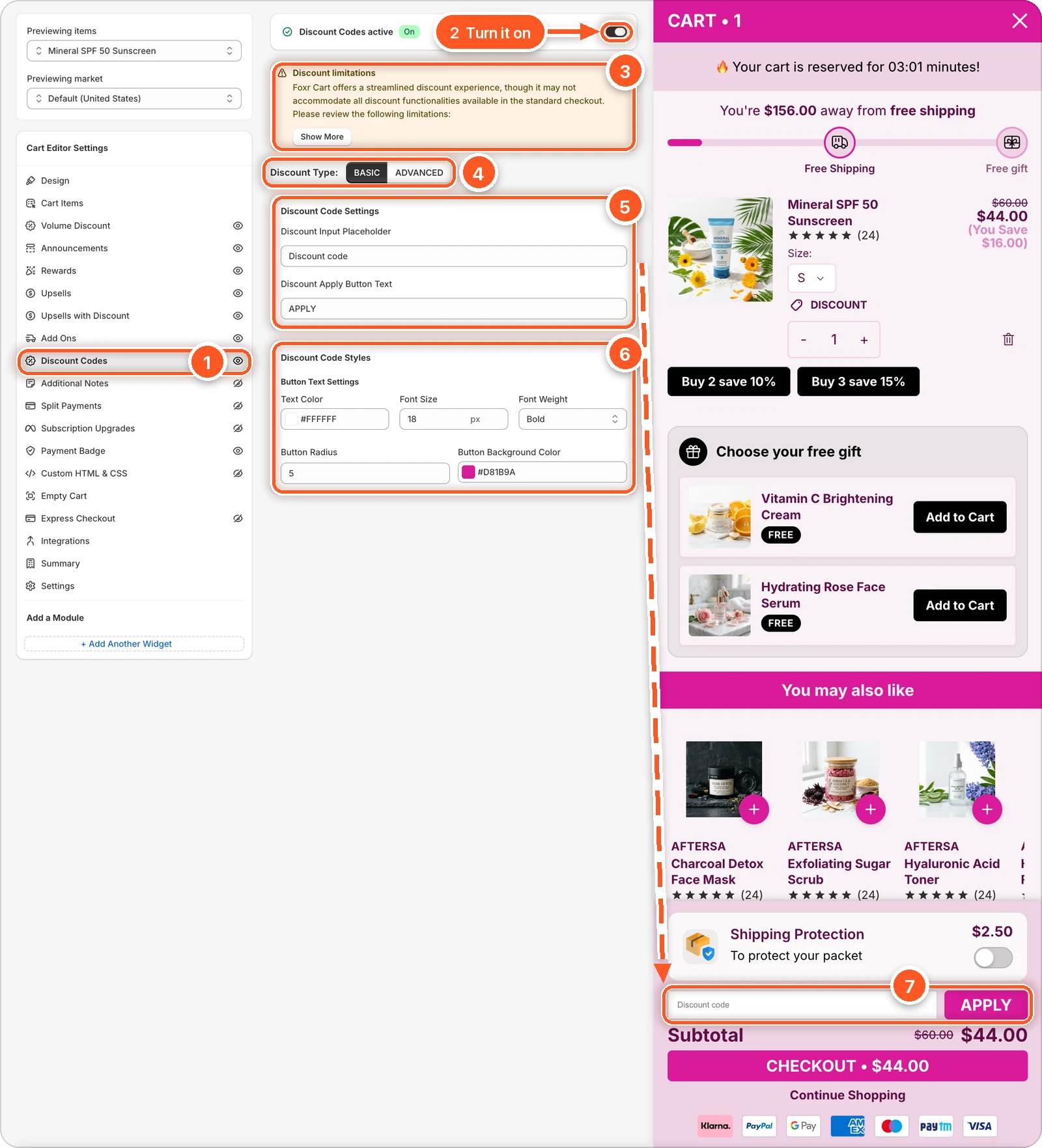The Discount Codes tab switched on with Discount Type set to BASIC. The cart preview shows a Discount code field and an APPLY button just above the subtotal.