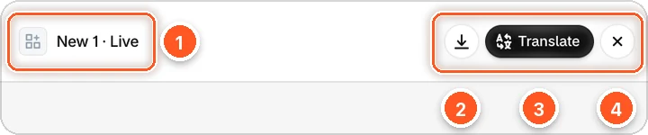 The editor header: cart name and status on the left, and the Import, Translate and Close buttons on the right