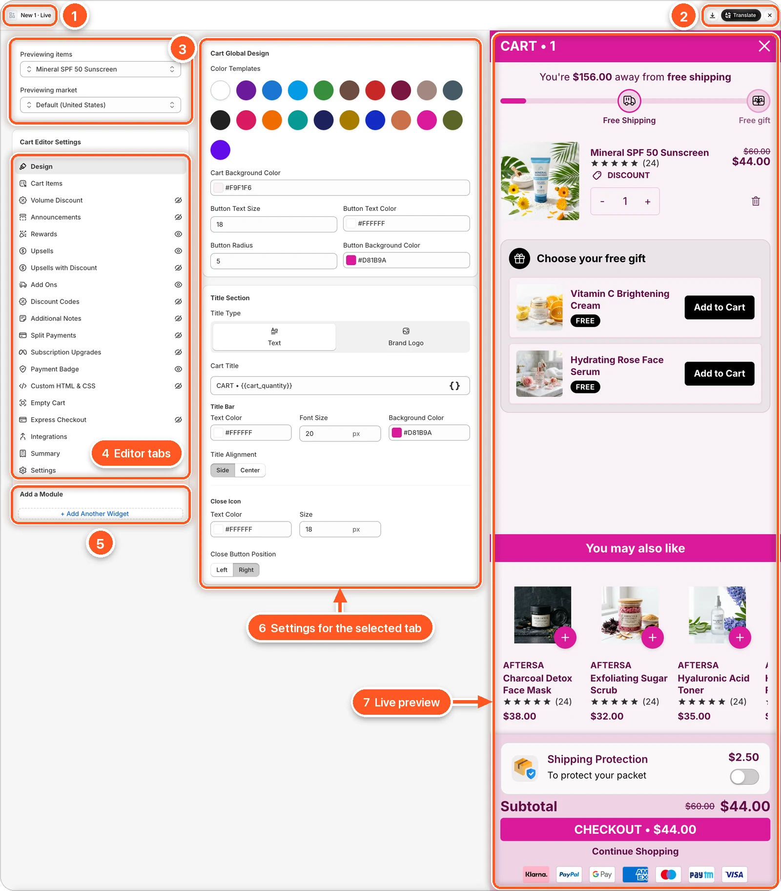 The cart editor with its seven areas numbered: cart name and status, header buttons, preview controls, editor tabs, Add a Module, settings, and the live preview