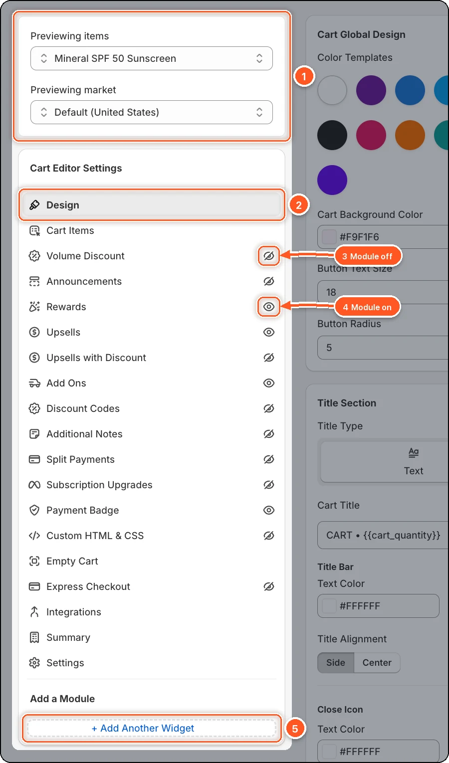 The left column of the editor: preview controls, the selected Design tab, a crossed-out eye, an open eye, and Add Another Widget