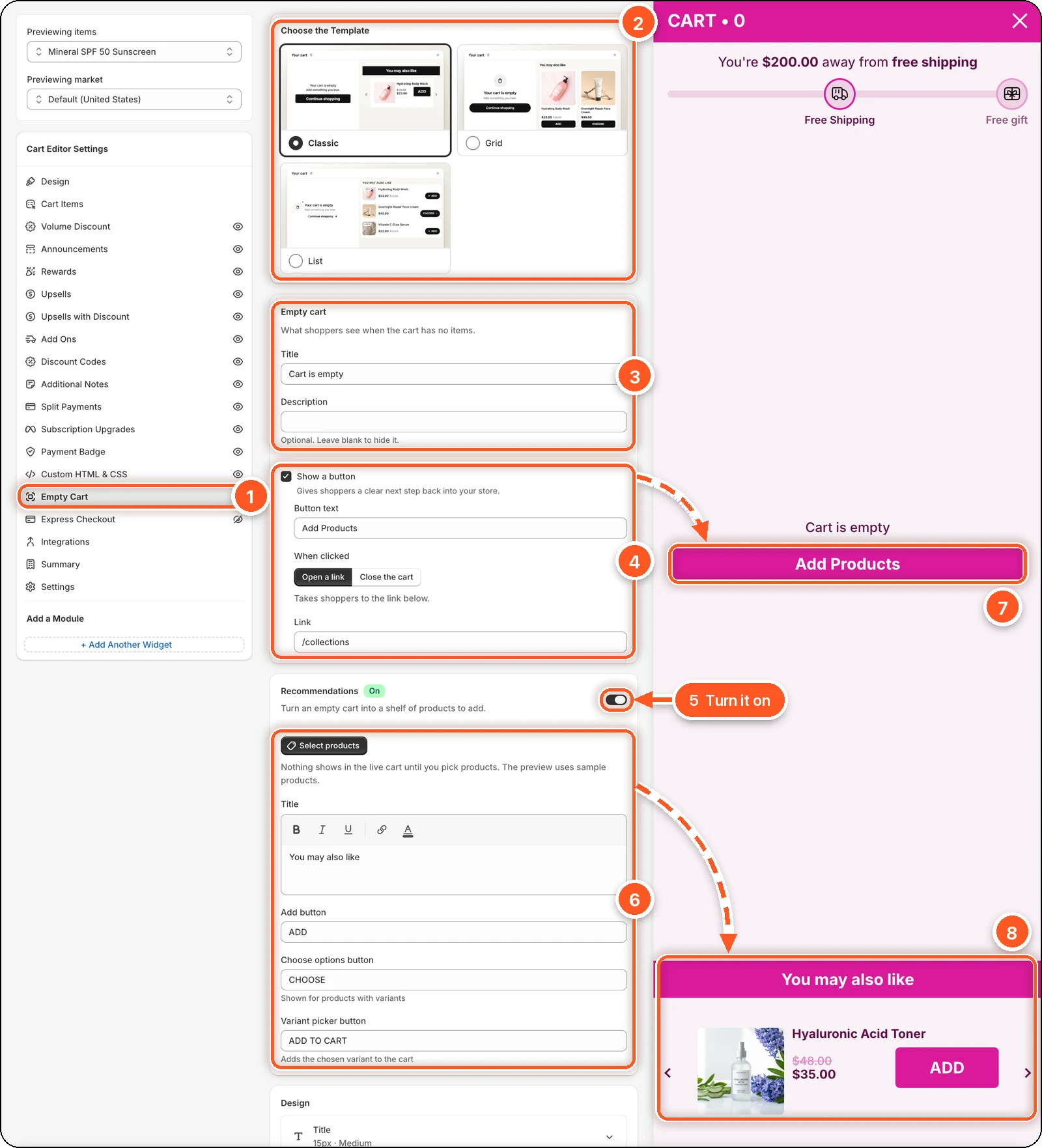 The Empty Cart tab with Show a button ticked and Recommendations switched on. Dashed arrows run from these settings to the Add Products button and the You may also like shelf in the empty cart preview.