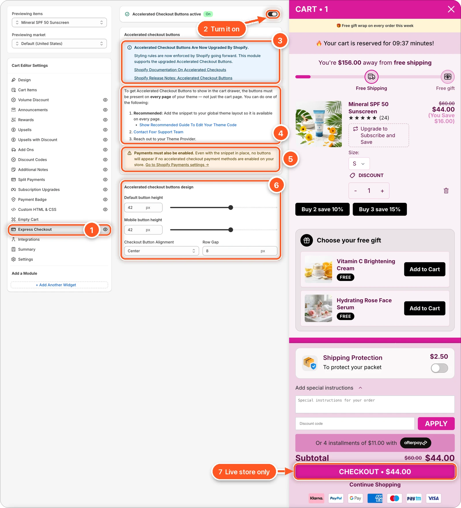 The Express Checkout tab with Accelerated Checkout Buttons switched on. The cart preview shows no express buttons under the checkout button, because the editor preview never shows them.