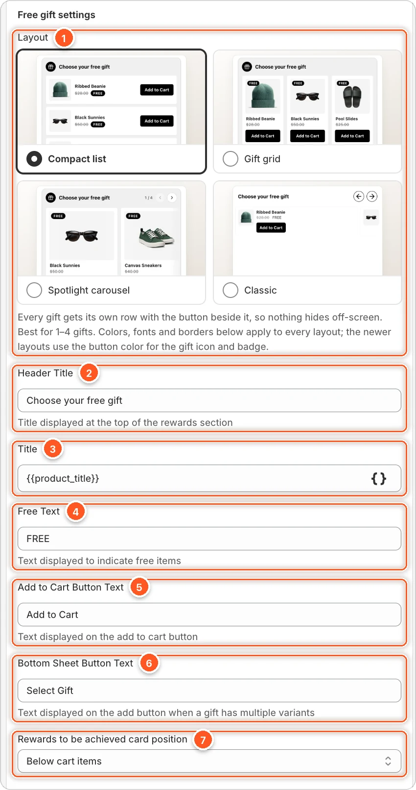 Free gift settings with the Compact list layout picked, each field numbered