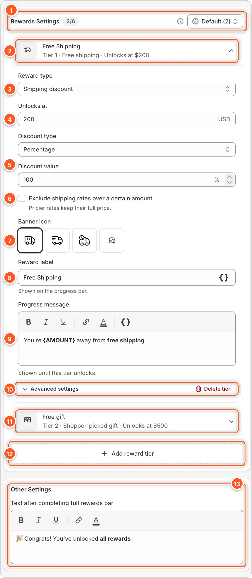 Rewards Settings with Tier 1 open and Tier 2 closed, each part numbered