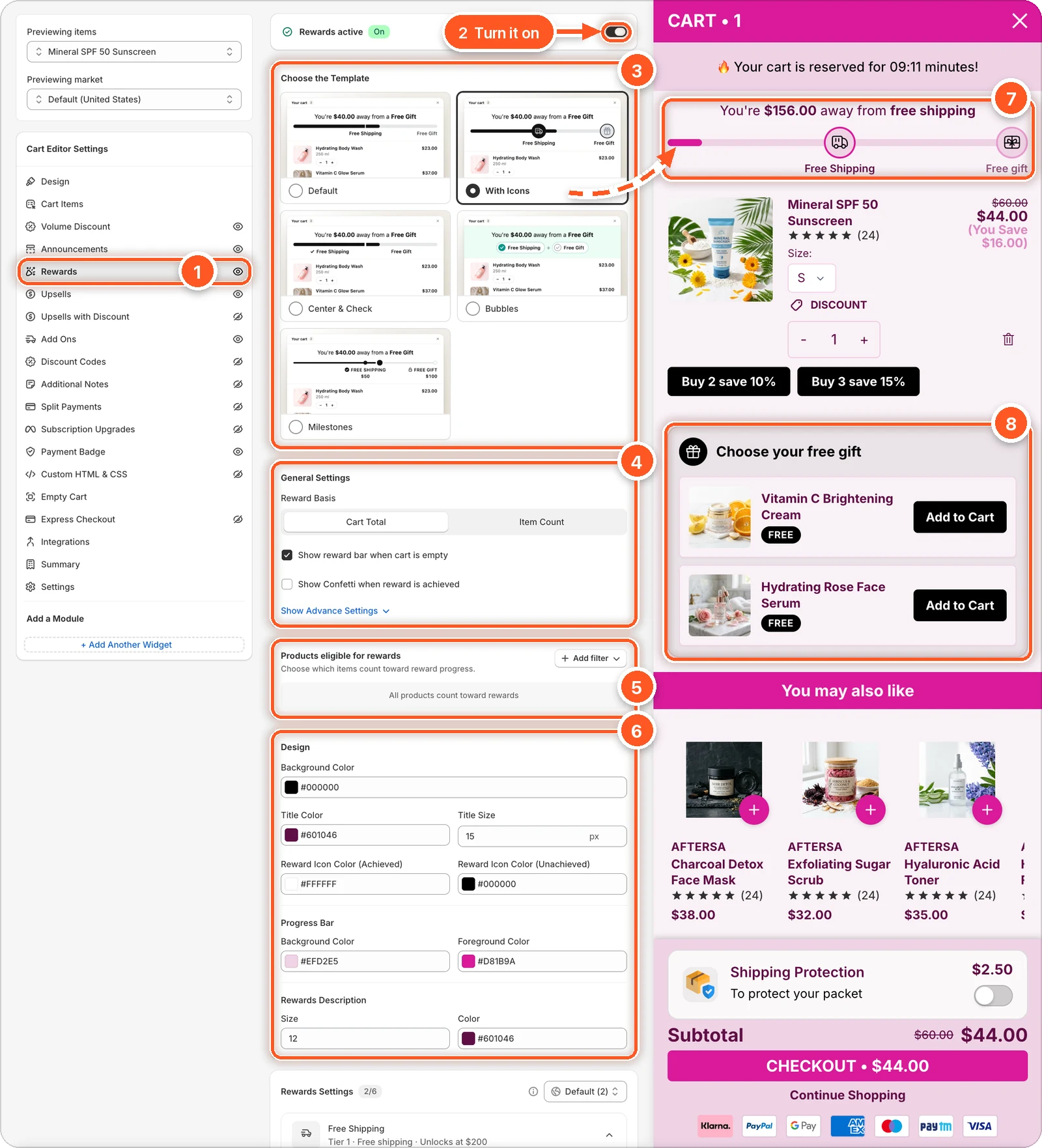 The Rewards tab with the With Icons template picked, and the progress bar and free gift picker in the cart preview, numbered