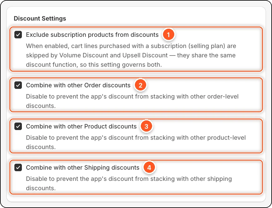 The Discount Settings card with its four checkboxes numbered 1 to 4, all ticked