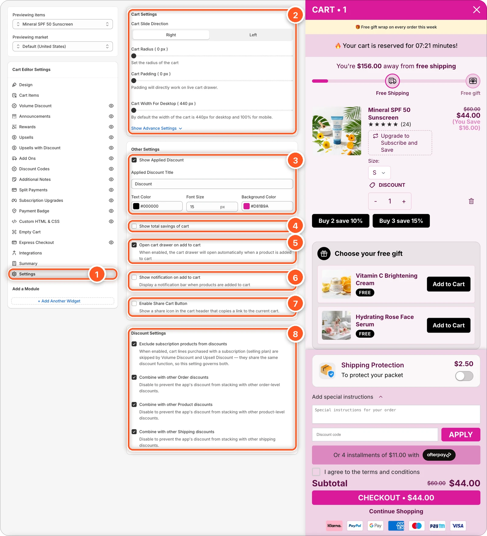 The Settings tab with the Settings row in the sidebar numbered 1, the Cart Settings card numbered 2, the five Other Settings checkboxes numbered 3 to 7, and the Discount Settings card numbered 8