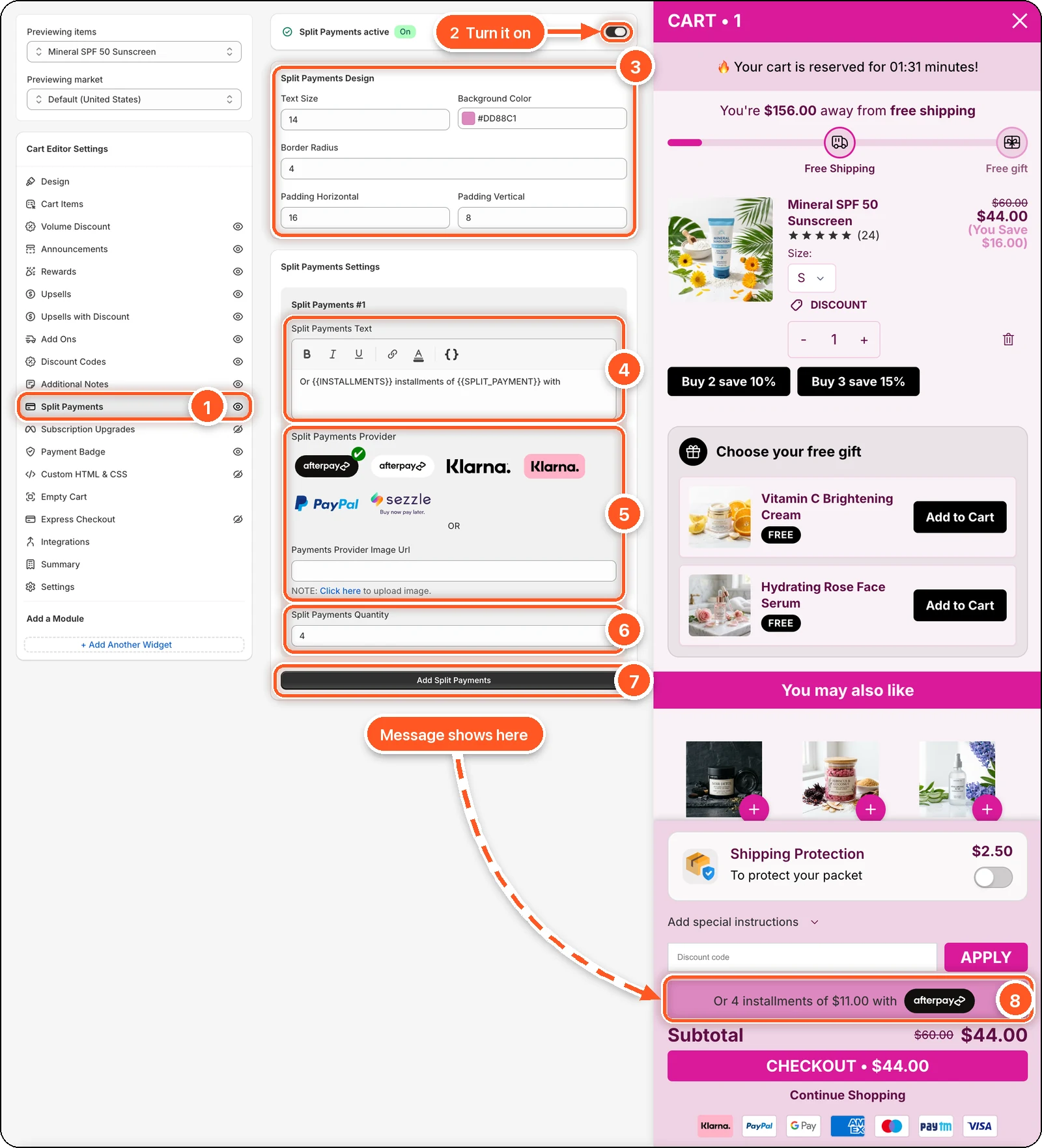 The Split Payments tab with each setting numbered, and the message in the cart preview