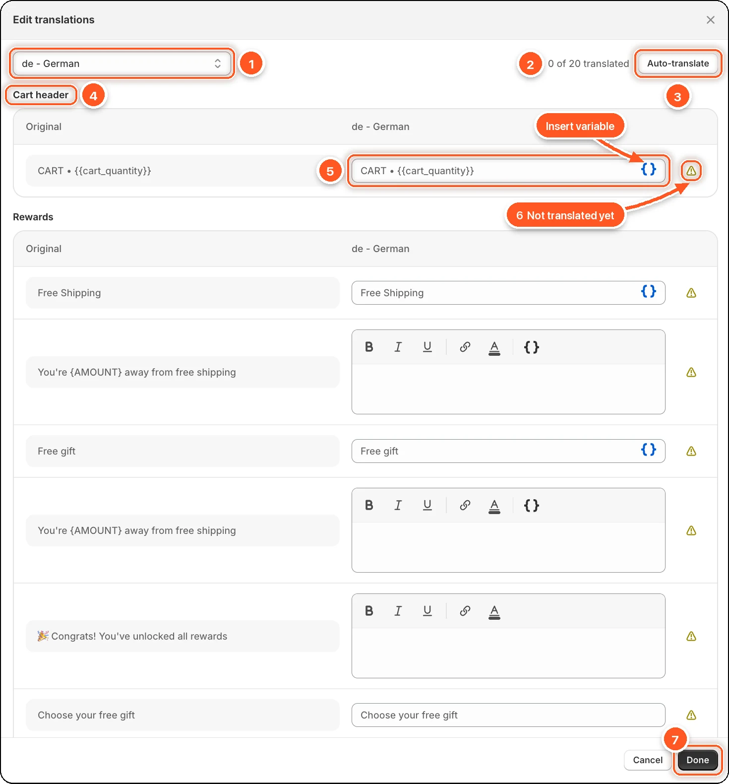 The Edit translations window with the language menu, progress, Auto-translate, a section, a translation field, the not-translated warning, and Done numbered