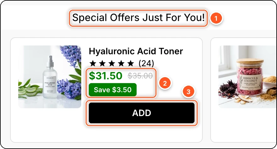 A discounted offer in the cart preview: the title, the offer price with the old price crossed out and Save $3.50, and the ADD button