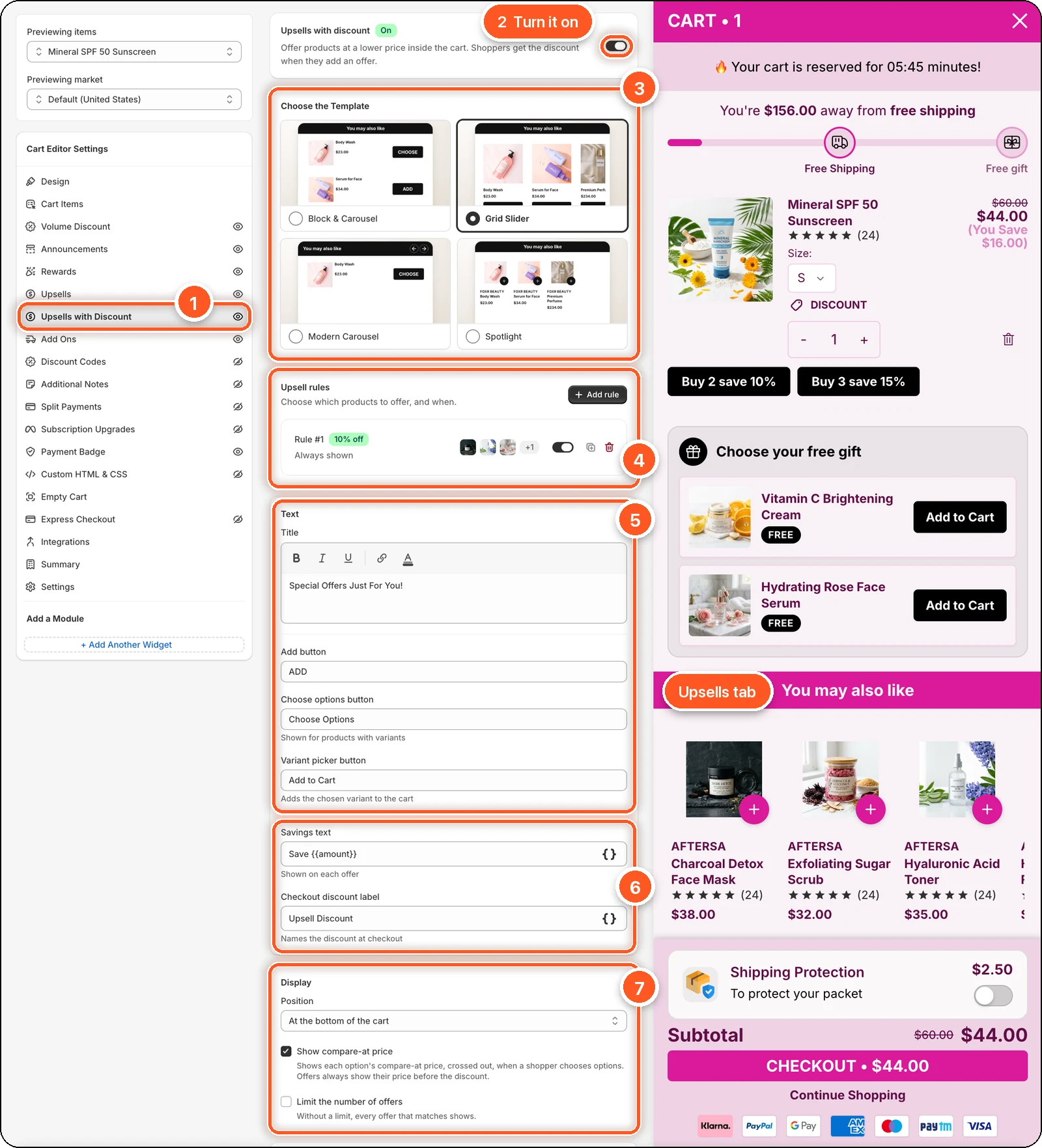 The Upsells with Discount tab switched on with the Grid Slider template and one 10% off rule