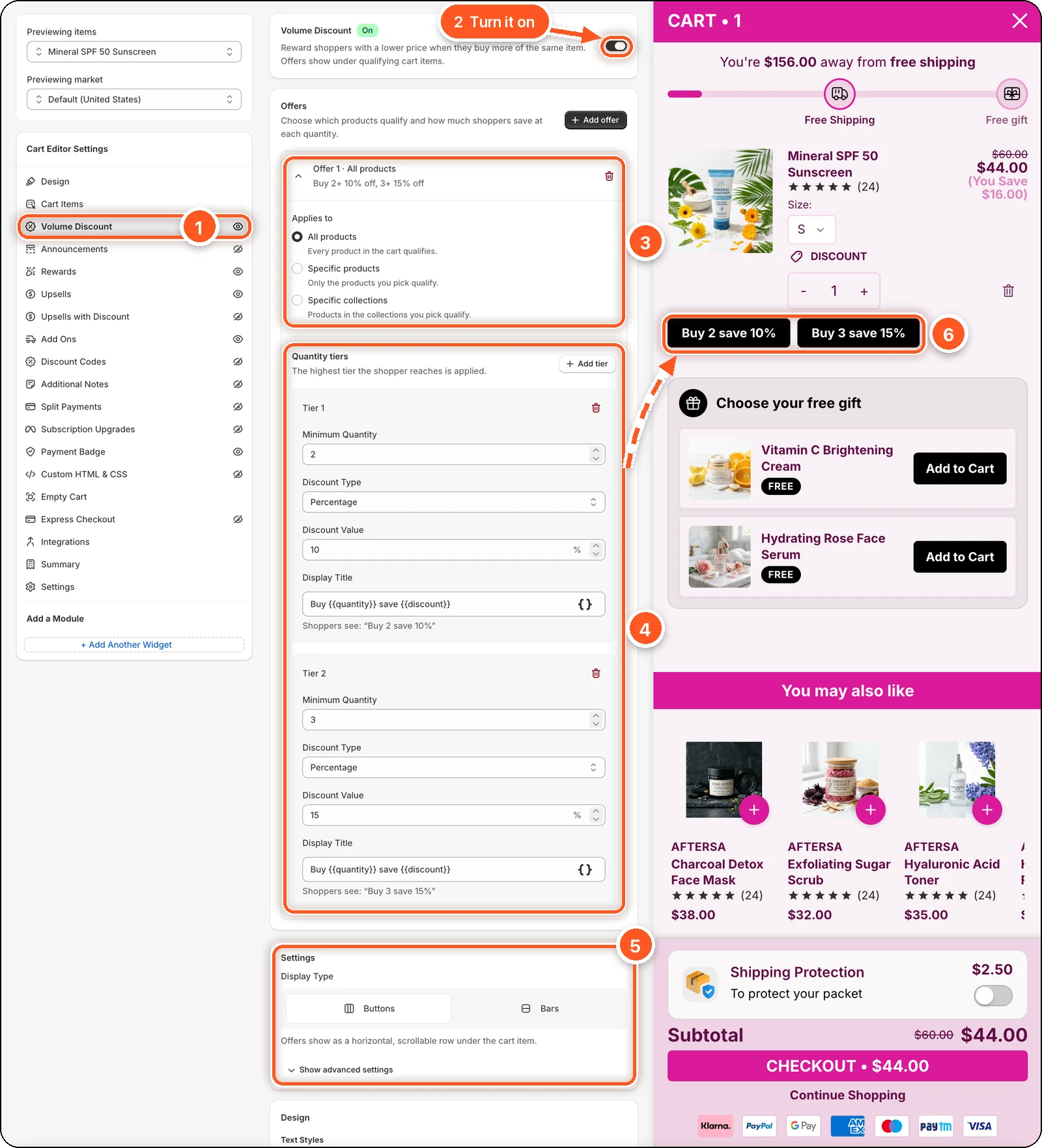 The Volume Discount tab switched on, with one offer for all products and two quantity tiers. The cart preview shows Buy 2 save 10% and Buy 3 save 15% buttons under the item.