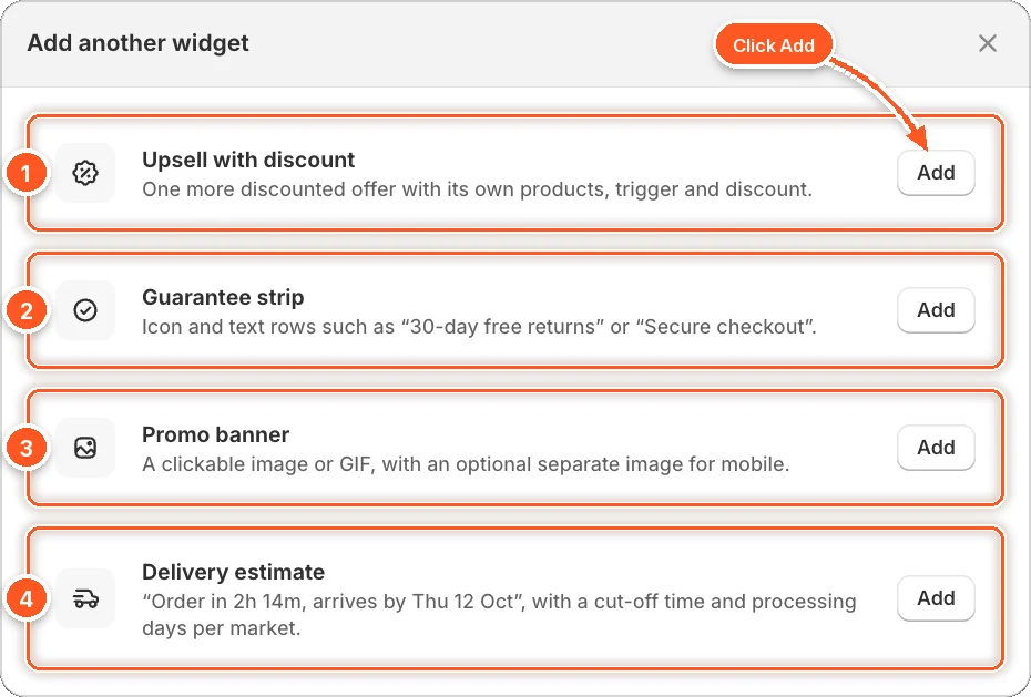 The Add another widget window with its four options numbered 1 to 4, and an arrow pointing to the Add button next to the first one