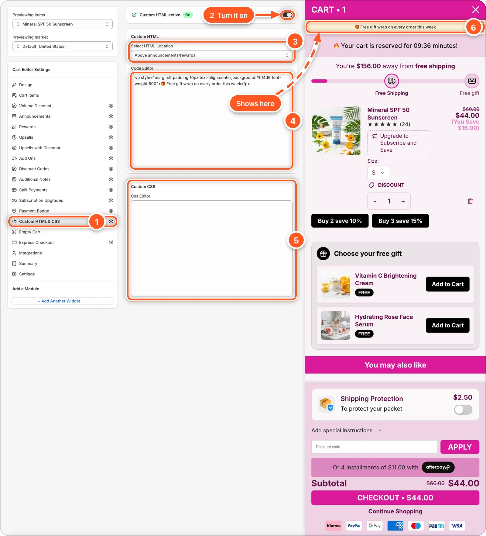 The Custom HTML & CSS tab with Custom HTML switched on. The tab, the switch, Select HTML Location, the Code Editor, and the Custom CSS card are numbered, and a dashed arrow runs from the Code Editor to a yellow banner at the top of the cart preview.