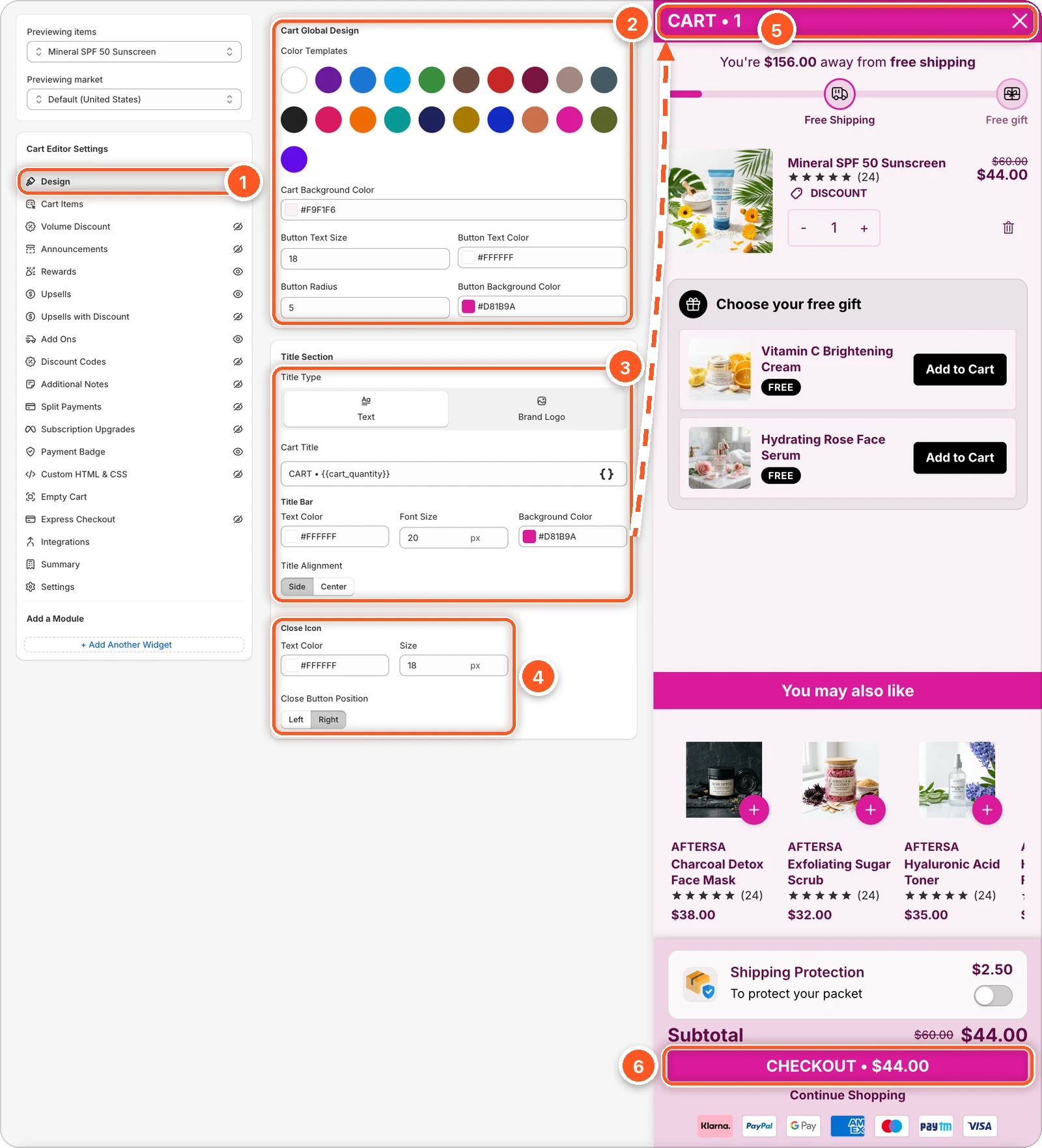 The Design tab with each section numbered, and an arrow from the Title Bar settings to the title bar in the cart preview