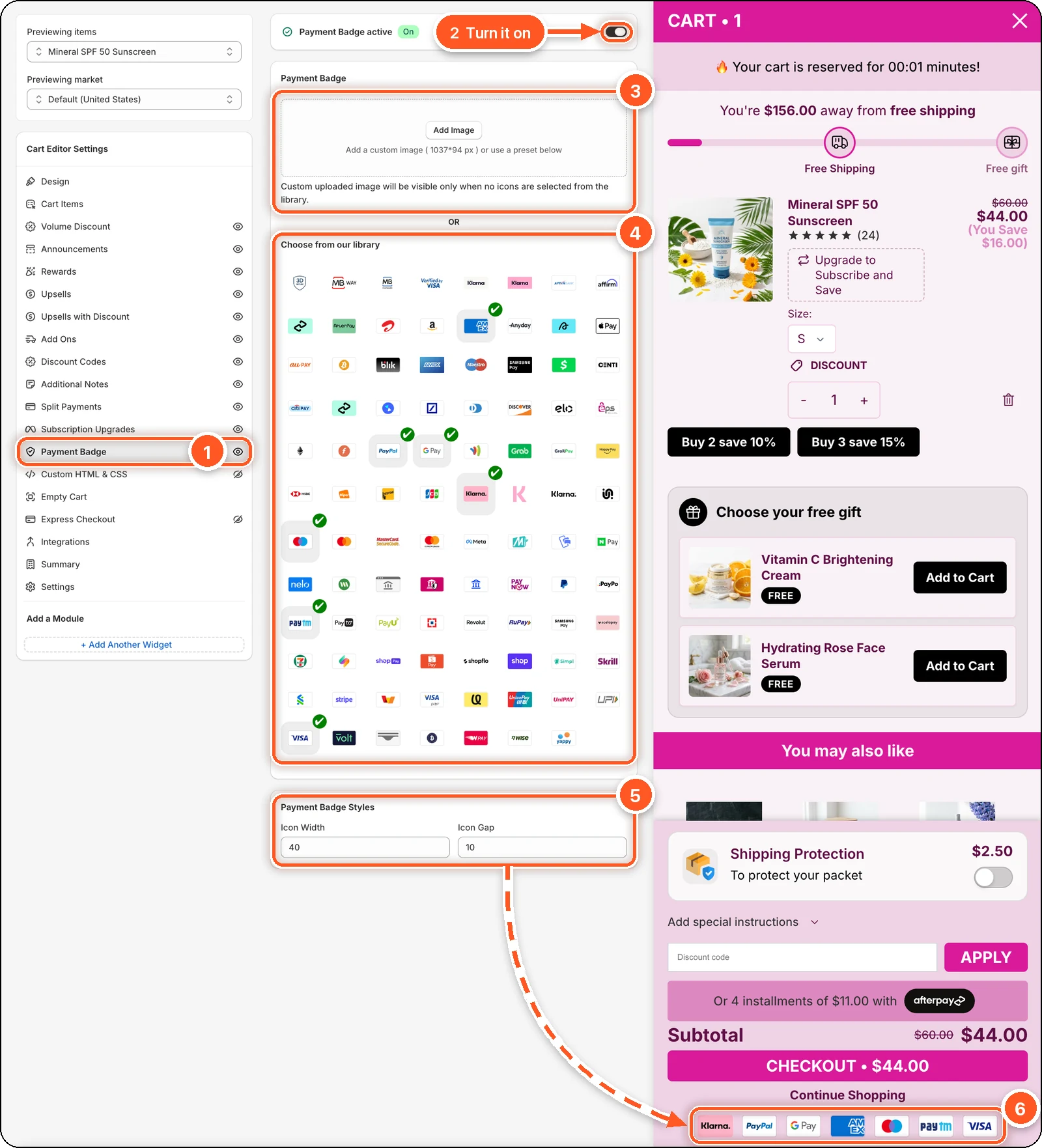 The Payment Badge tab with each section numbered, and the badge row in the cart preview