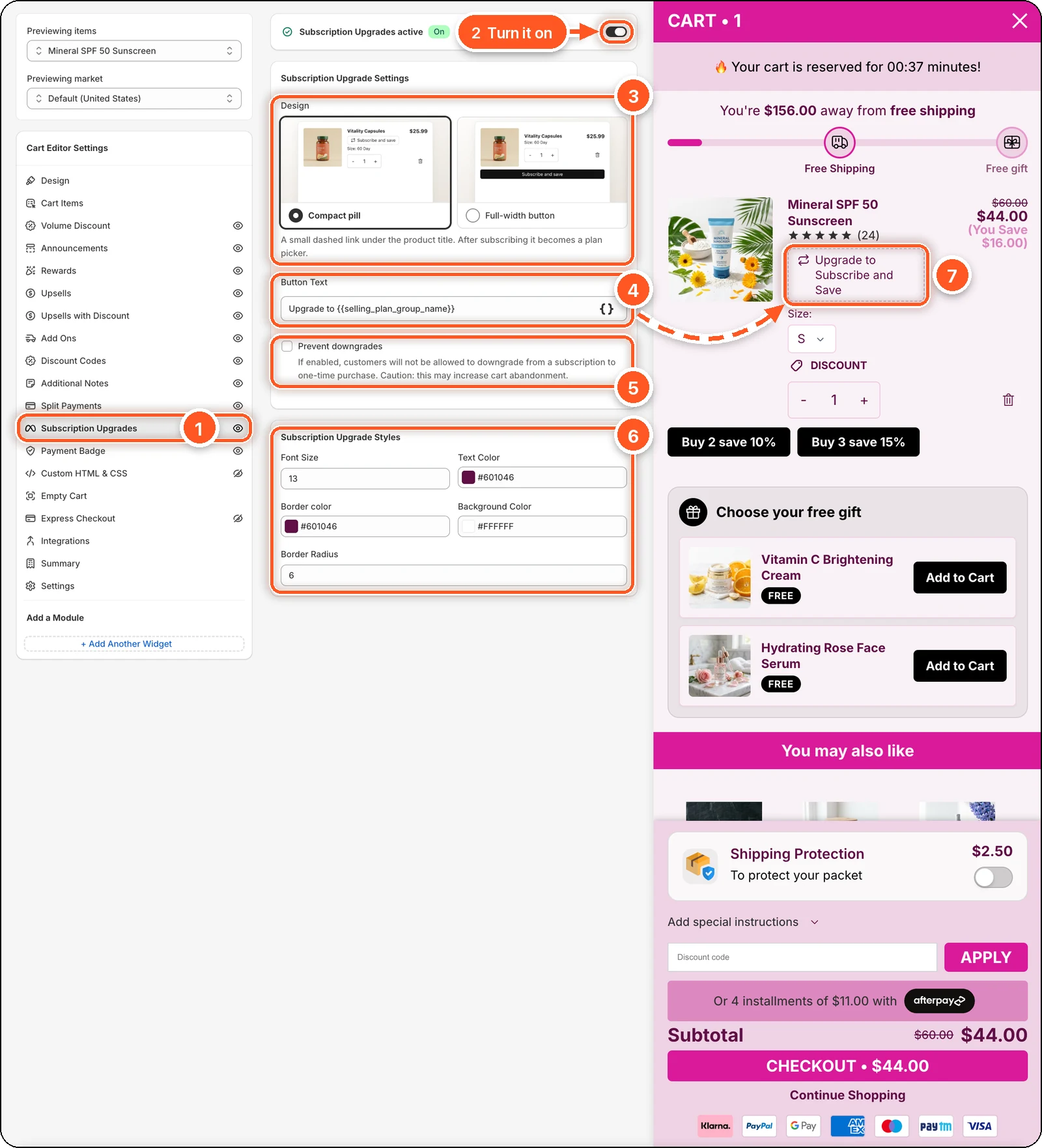 The Subscription Upgrades tab switched on with the Compact pill design, and the dashed Upgrade to Subscribe and Save link under the product title in the cart preview