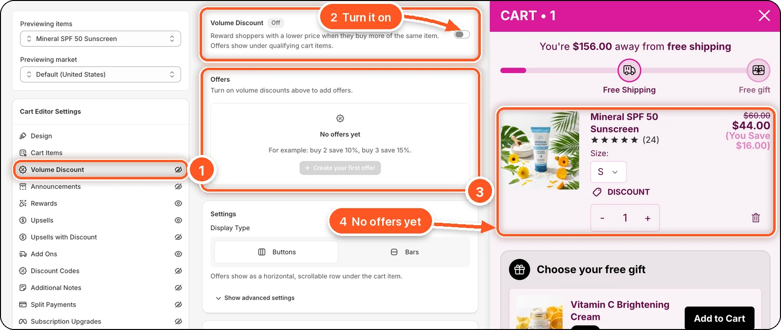 The Volume Discount tab switched off: crossed-out eye in the sidebar, Off badge, and no offers under the item in the preview