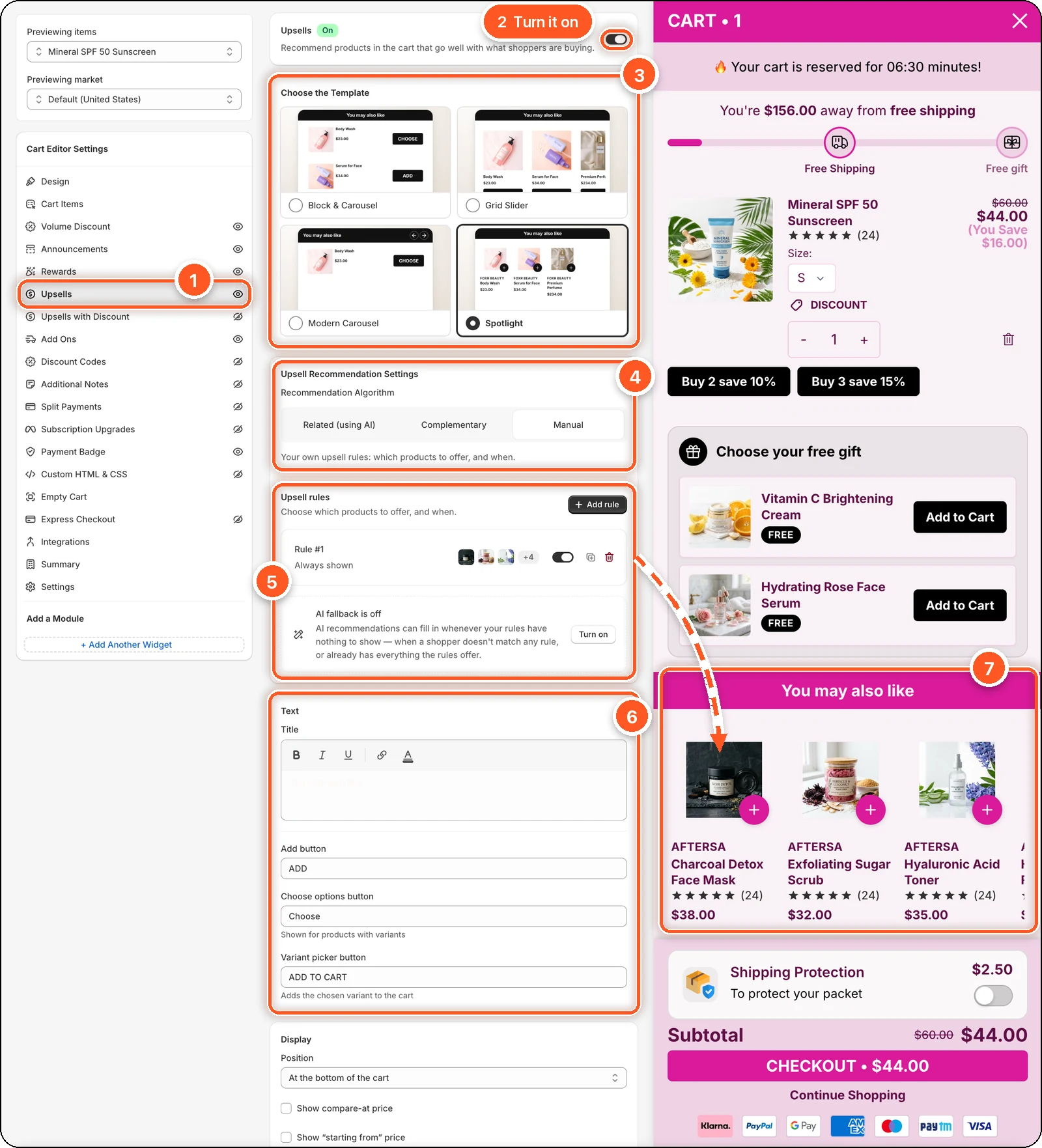 The Upsells tab switched on with the Spotlight template and a Manual rule, and the You may also like section in the cart preview